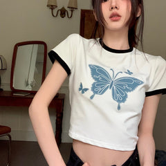 Cropped Tie Back Butterfly Ringer Tee