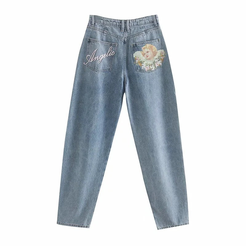 High Waist Angel Print Jeans