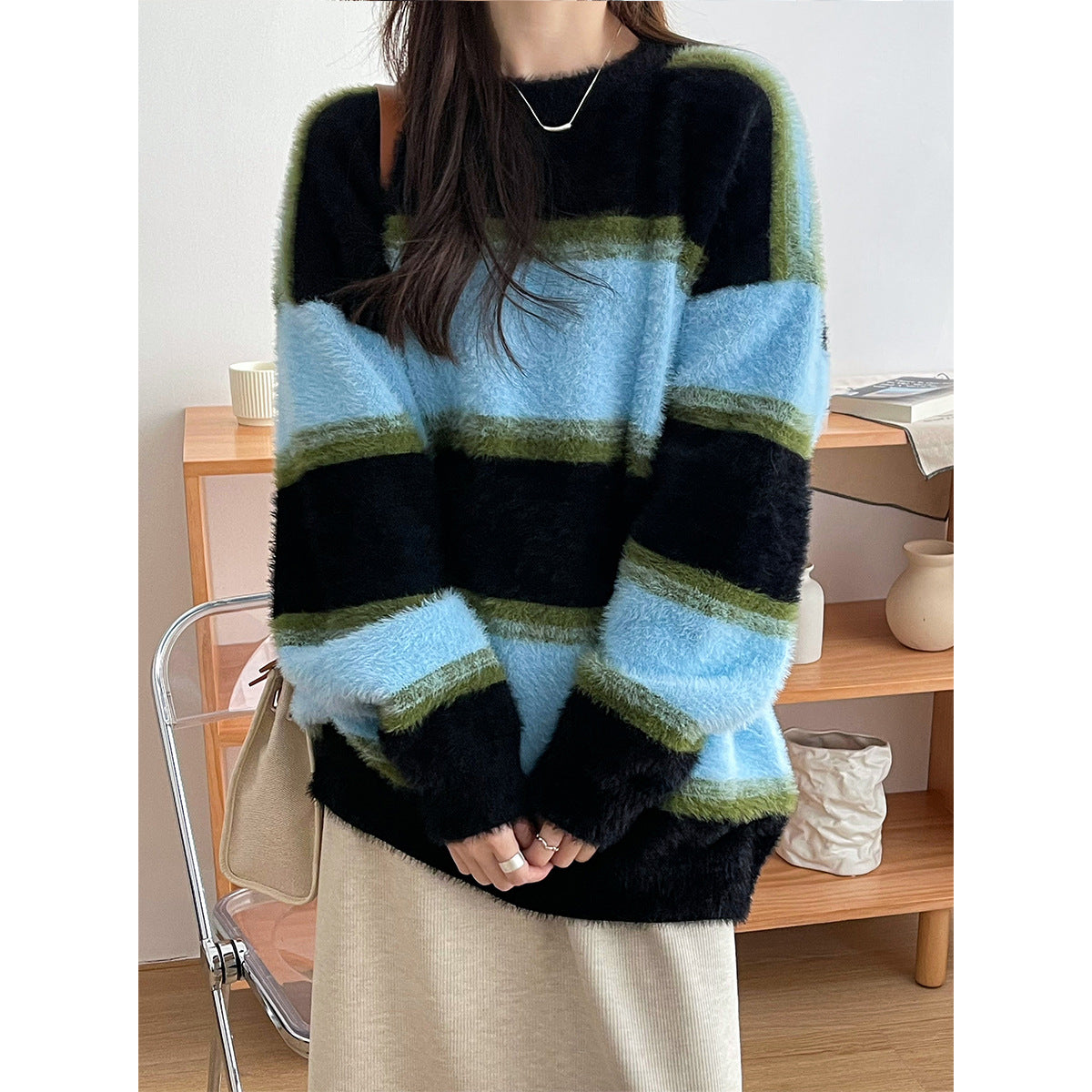 Contrast Striped Pullover Fuzzy Knit Sweater