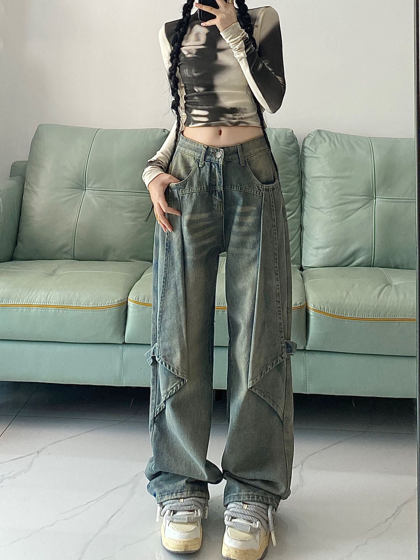 Retro Washed Wide Leg Patchwork Boyfriend Jeans