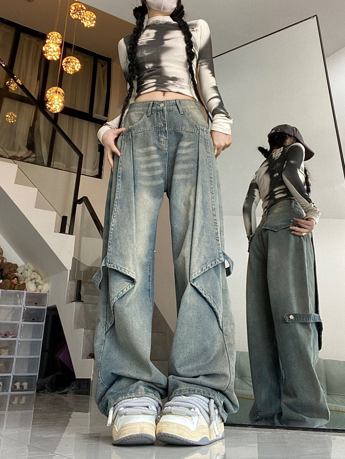 Retro Washed Wide Leg Patchwork Boyfriend Jeans