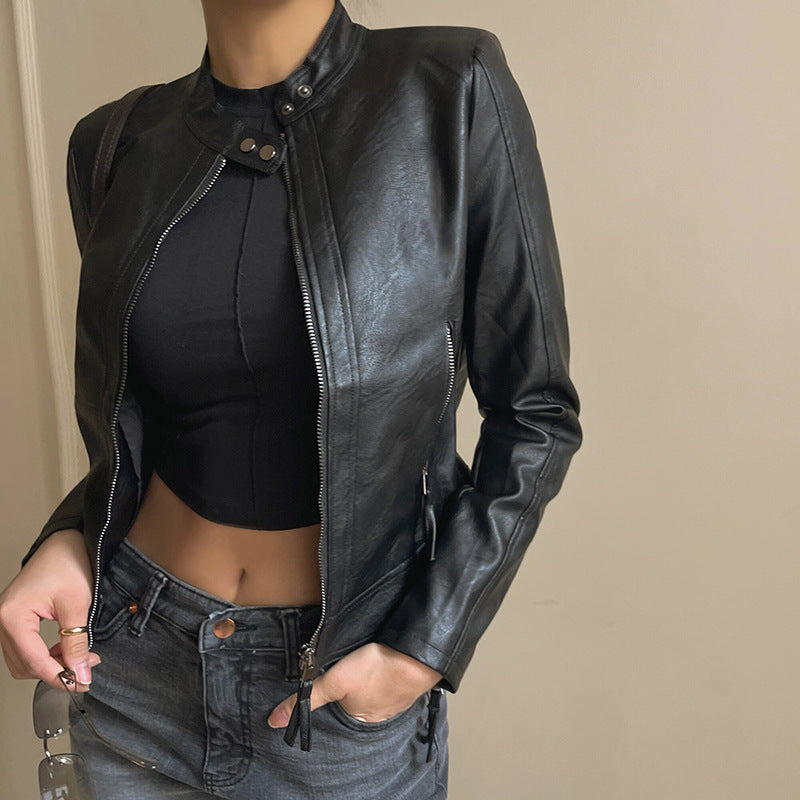 Collar Neck Zip Up Slim Moto Leather Jacket