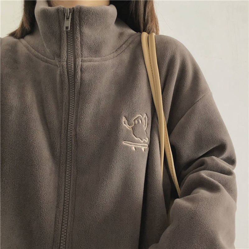 Embroidery Zip Up Fleece Jacket