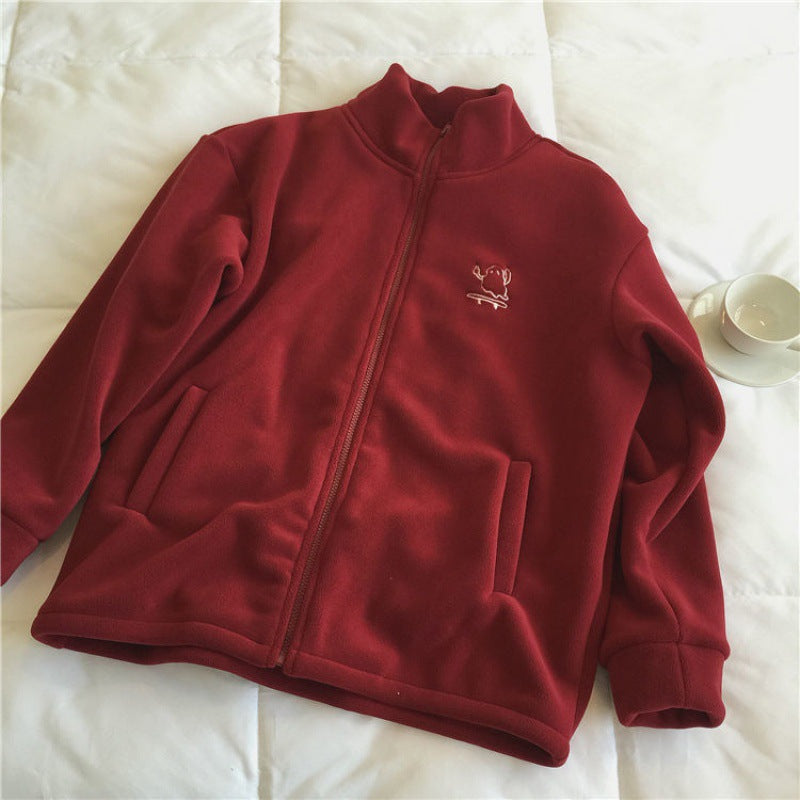 Embroidery Zip Up Fleece Jacket