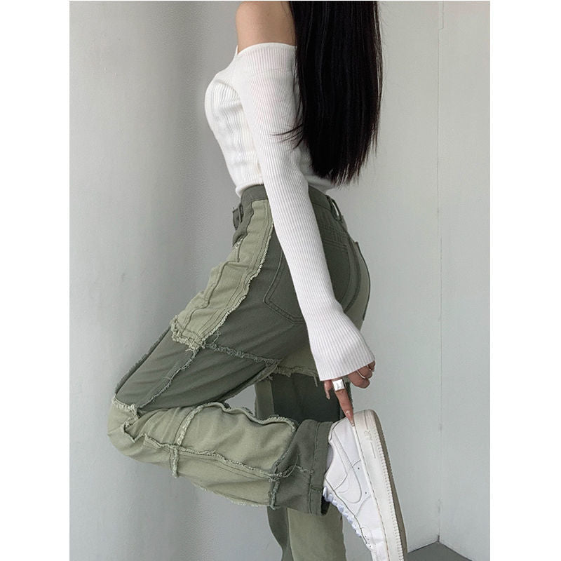 Stitching Contrast Color High Waist Straight Pants