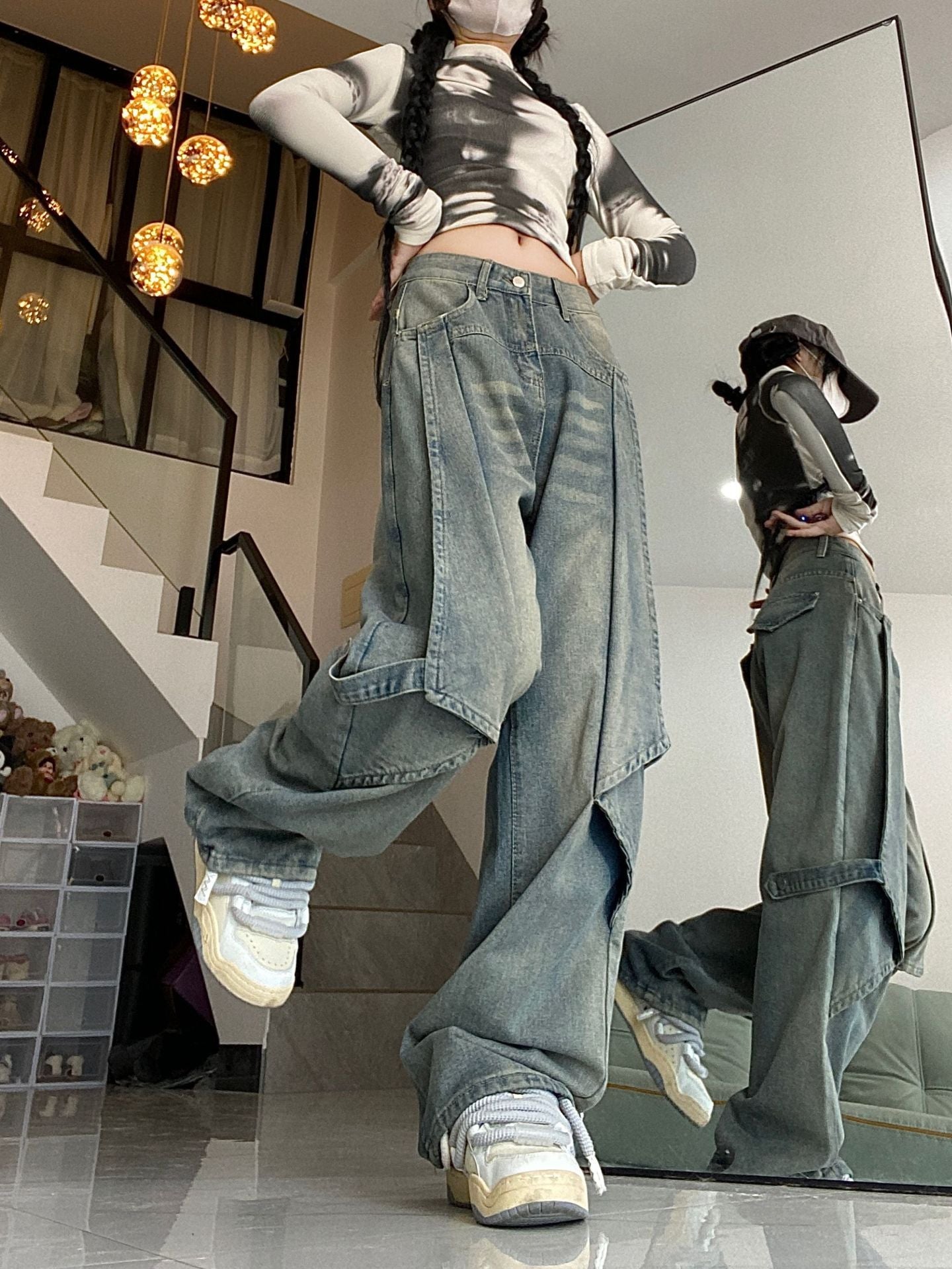 Retro Washed Wide Leg Patchwork Boyfriend Jeans