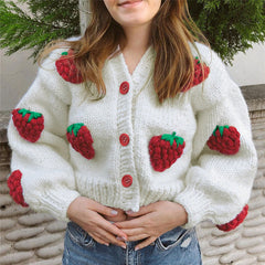 Cute Strawberry Loose V-neck Cardigan Sweater