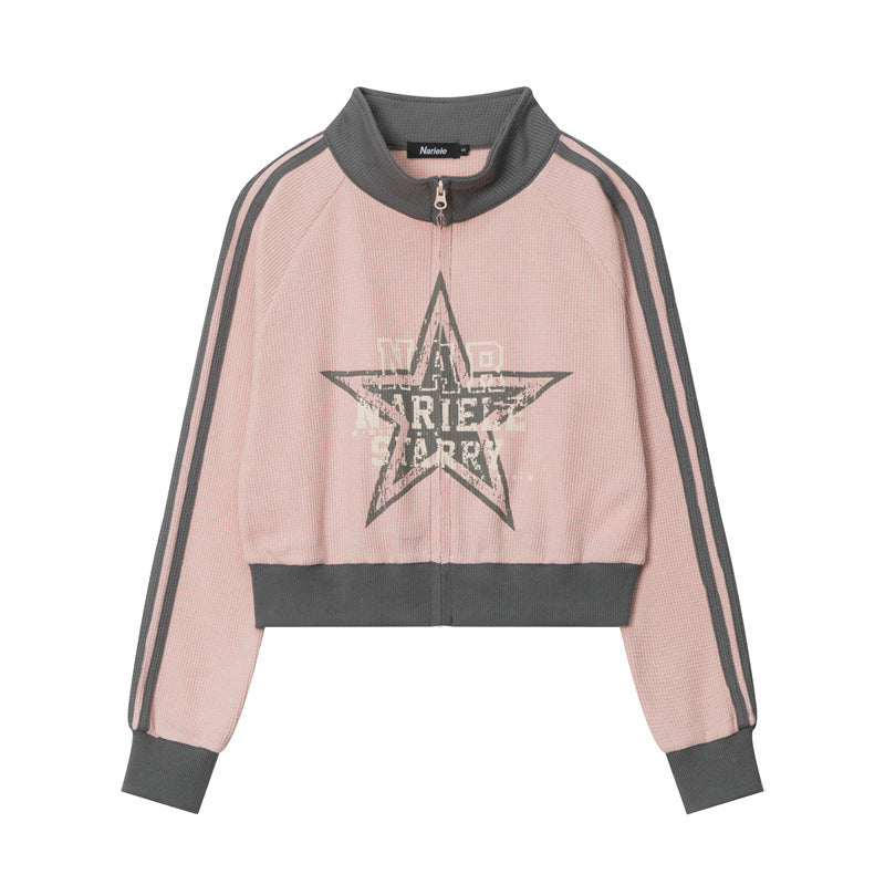 Contrast Color Star Letter Print Short Jacket