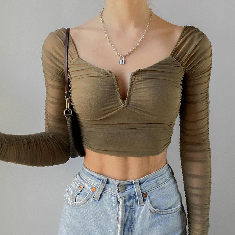 Ruched Mesh Long Sleeve Crop Top