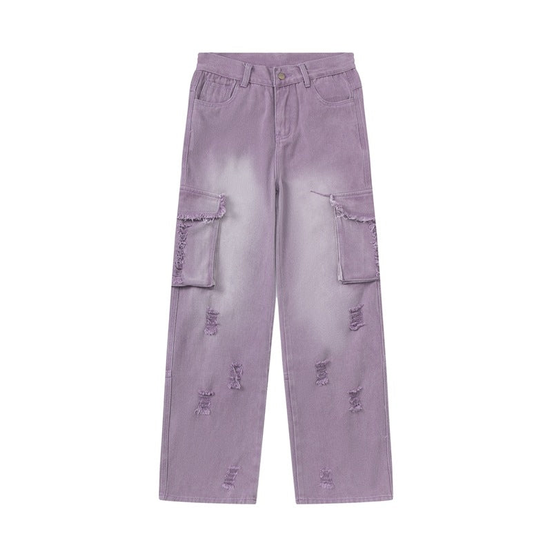 Purple Washed Distressed Ripped Cargo Cargo Jeans