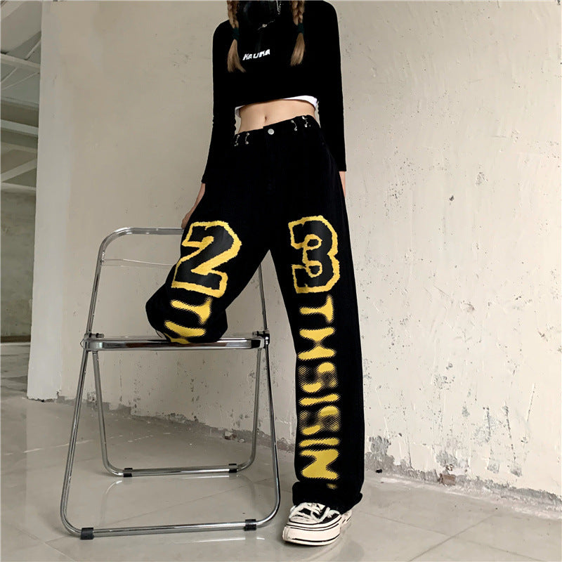 Harajuku Style Letter Print Straight Leg High Waist Jeans