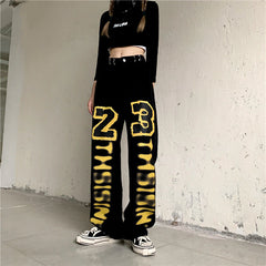 Harajuku Style Letter Print Straight Leg High Waist Jeans