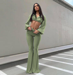 Casual High Waist Green Pants