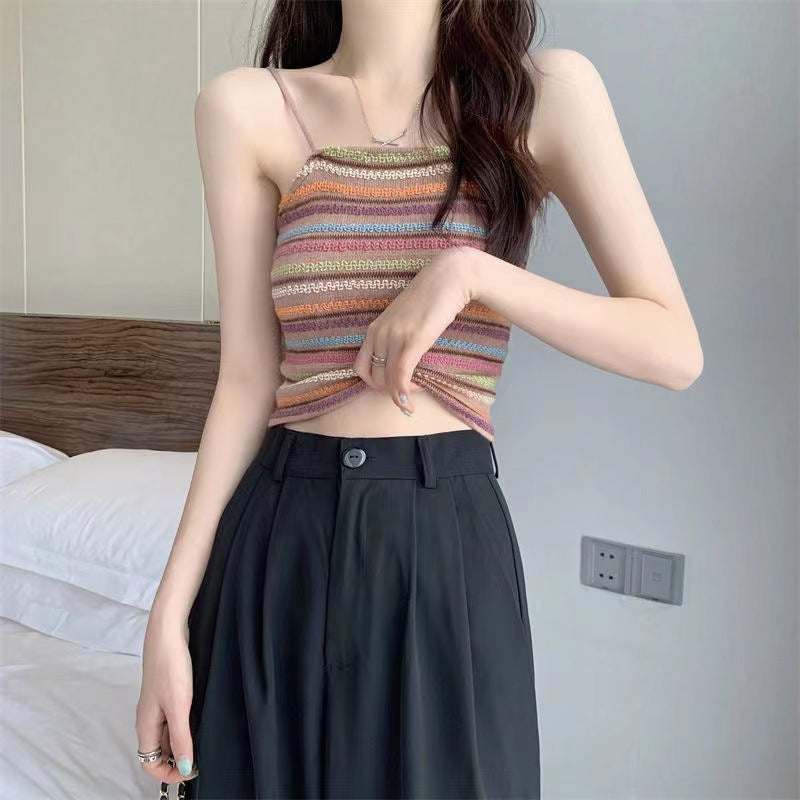 Color Block Striped Knitted Crop Cami Top