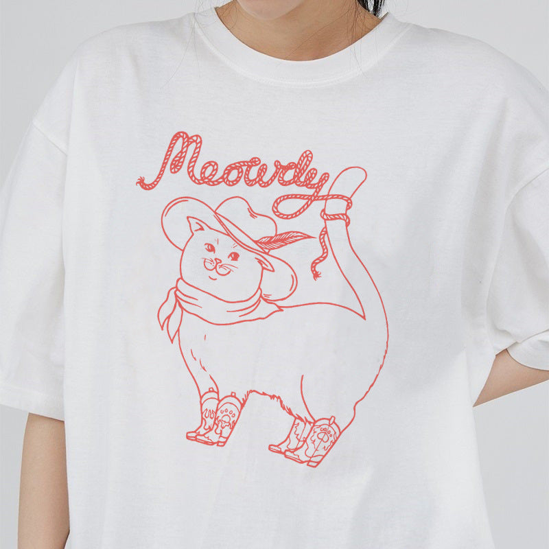 Cartoon Cowboy Cat Print Oversized T-shirt