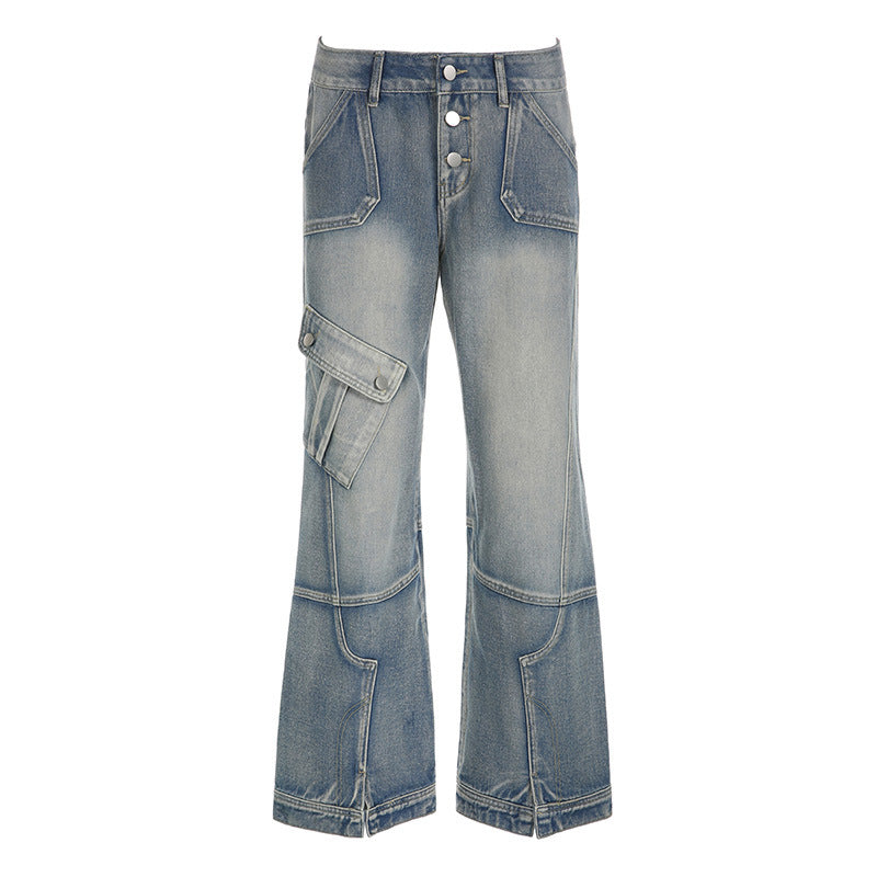 Seamed Pocket Straight Leg Cargo Jeans