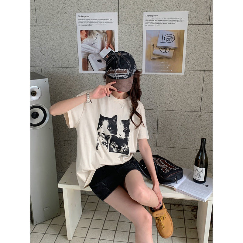 Casual cat Print Short Sleeves Oversized Tee