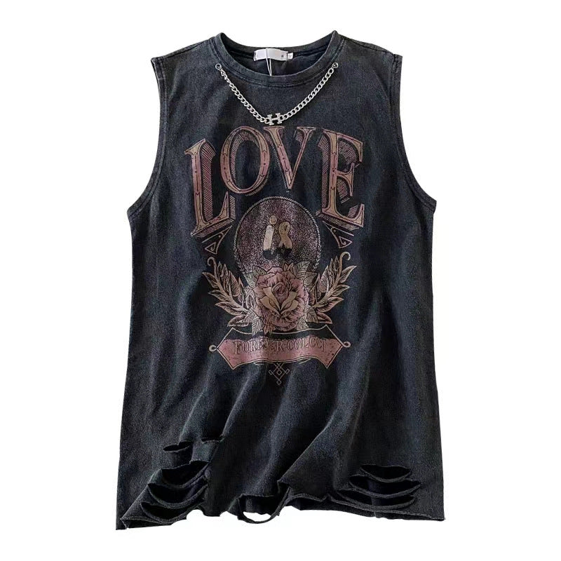 Grunge Foral Logo Oversized Ripped Tank Top