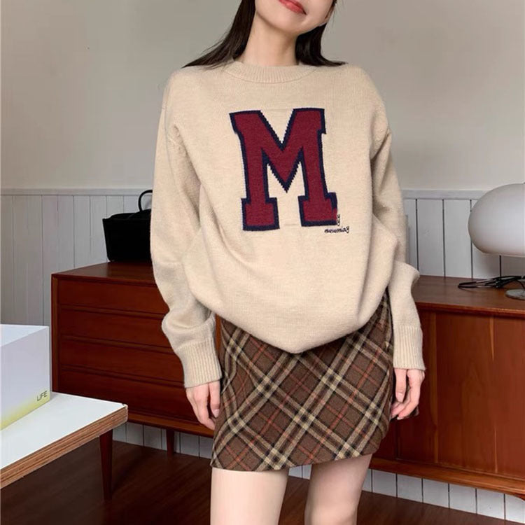 Contrast Color Letter Jacquard Knit Sweater