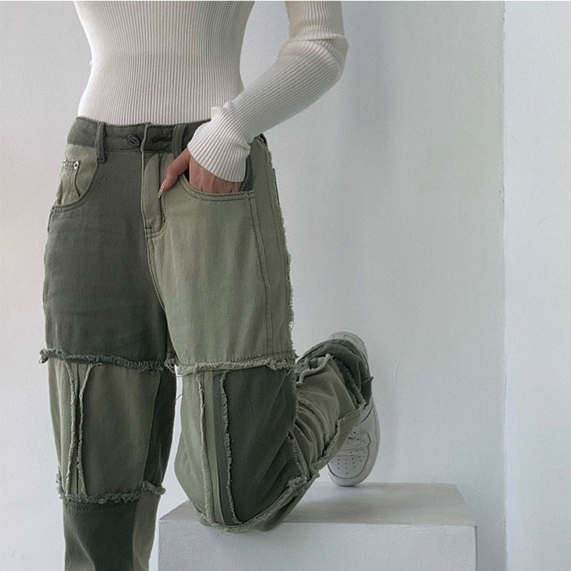 Stitching Contrast Color High Waist Straight Pants