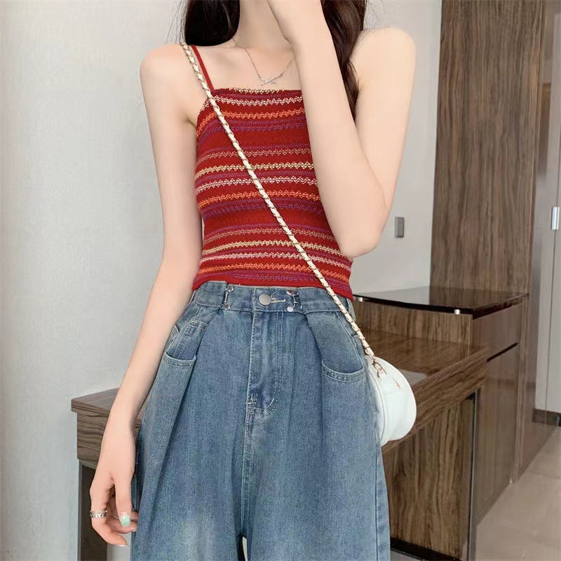 Color Block Striped Knitted Crop Cami Top