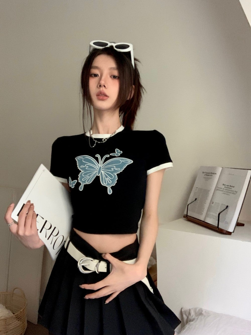 Cropped Tie Back Butterfly Ringer Tee