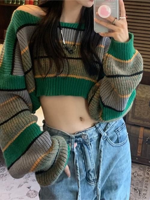 Contrast Color Stripe Loose Crop Sweater