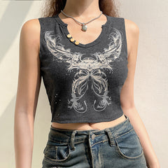 Grey Retro V Neck Three Buttons Beautiful Butterfly Print Hot Drill Sleeveless Tank Top