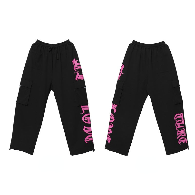 Gothic Letter Pocket Patch Wide Leg Sweatpants