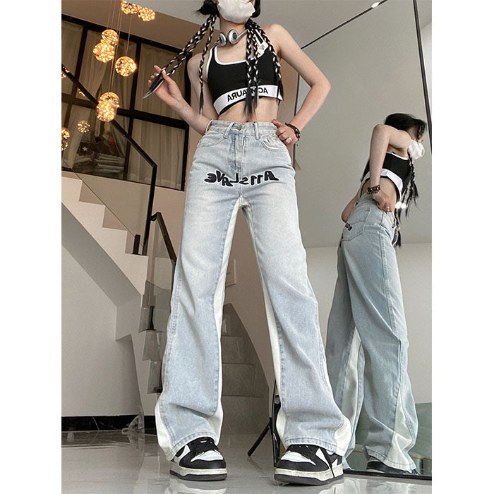 Contrast Letter Patchwork Straight Jeans