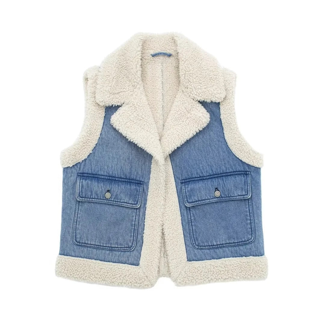 Denim Lamb Wool Sleeveless Jacket