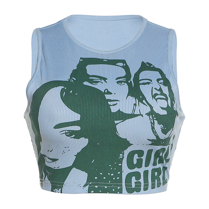 Girl Print Rib Cropped Tank Top