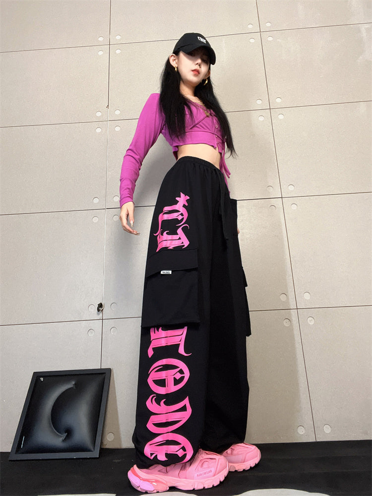 Gothic Letter Pocket Patch Wide Leg Sweatpants