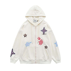 Embroidery Plaid Star Zip Up Hoodie