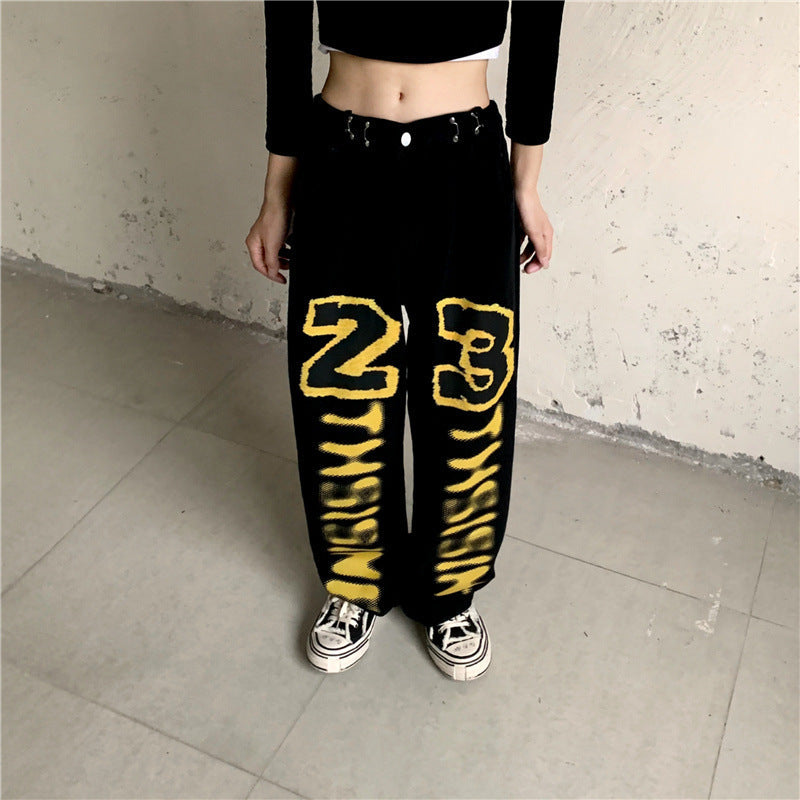 Harajuku Style Letter Print Straight Leg High Waist Jeans