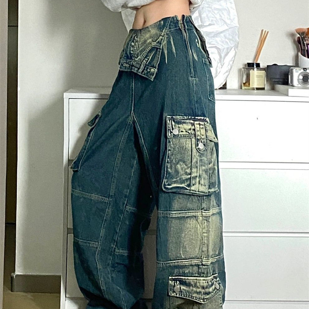 Vintage Contrast Wash Fold Over Cargo Jeans