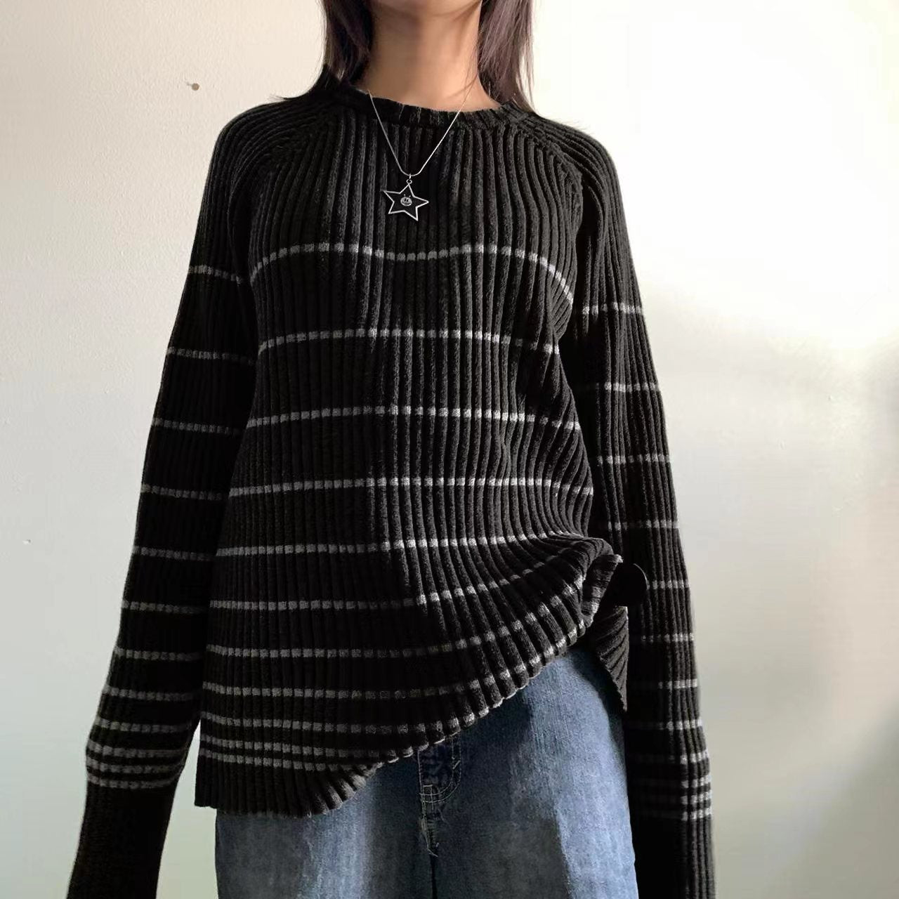 Striped Ribbed Pullover Knit Sweater