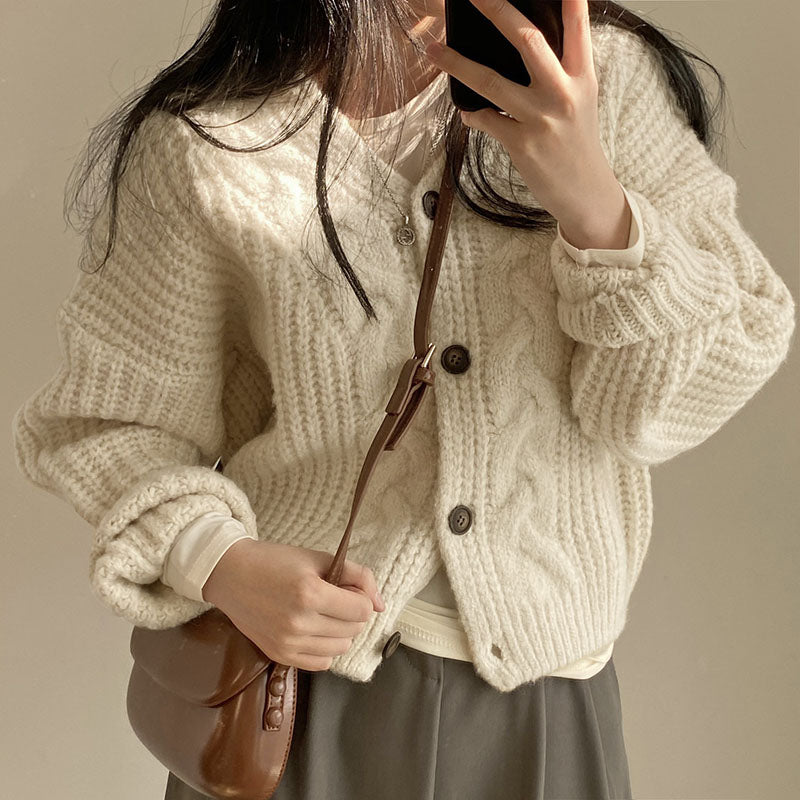 Solid V Neck Puff Sleeve Cable Knit Cardigan