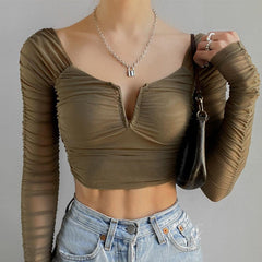 Ruched Mesh Long Sleeve Crop Top