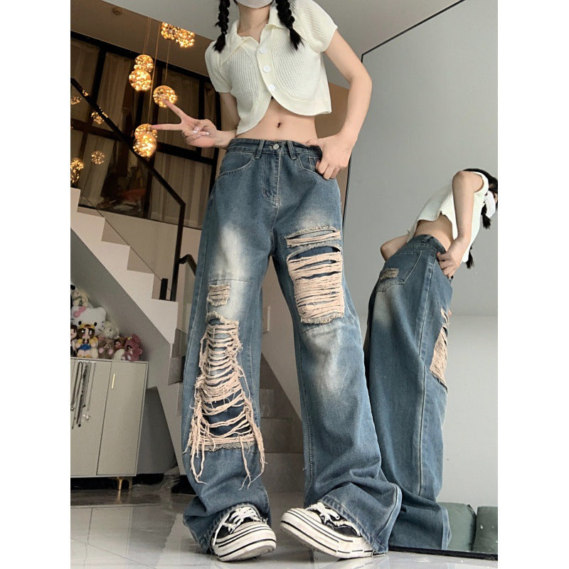 Retro Distressed Patch Ripped Baggy Jeans