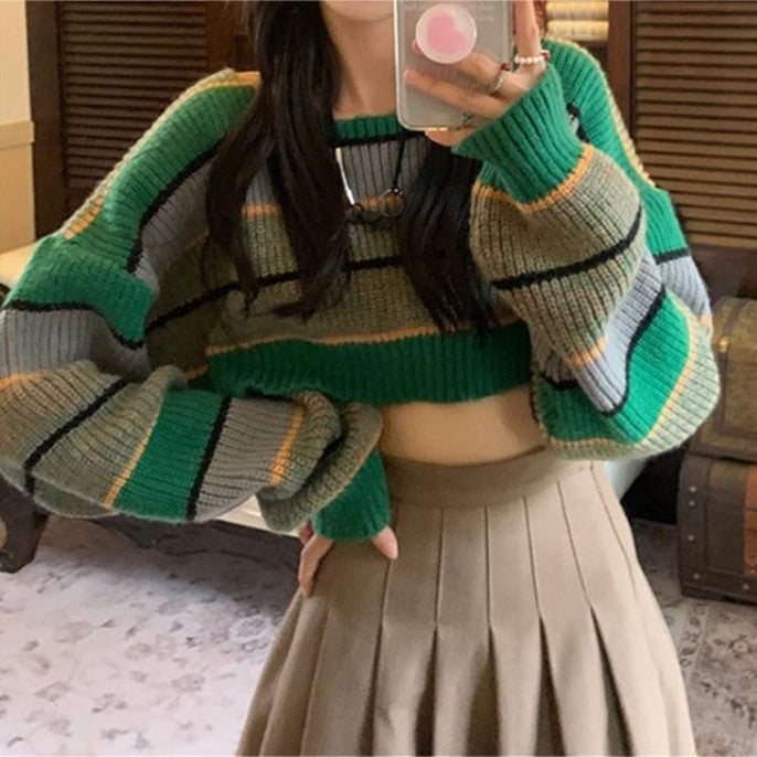 Contrast Color Stripe Loose Crop Sweater