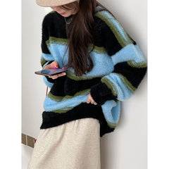 Contrast Striped Pullover Fuzzy Knit Sweater