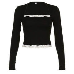 French Lace Trim Splice Slim Long Sleeve Tee