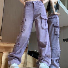 Purple Washed Distressed Ripped Cargo Cargo Jeans