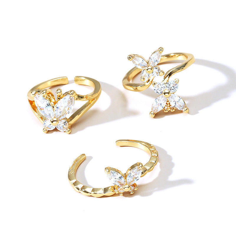 Zircon Butterfly Open Ring Three-piece Set