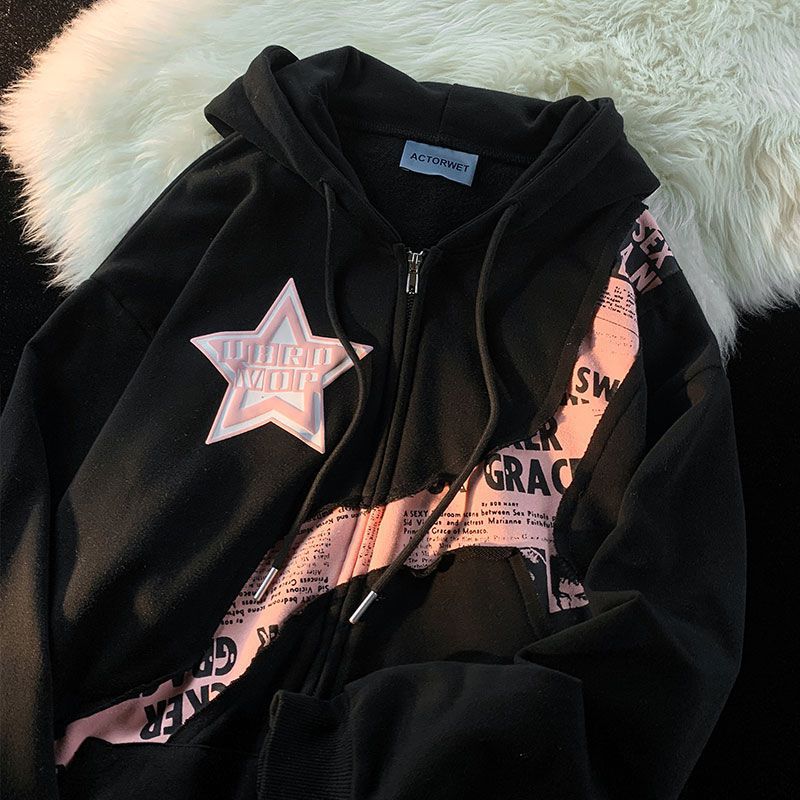 Star Letter Print Patchwork Oversized Hoodie