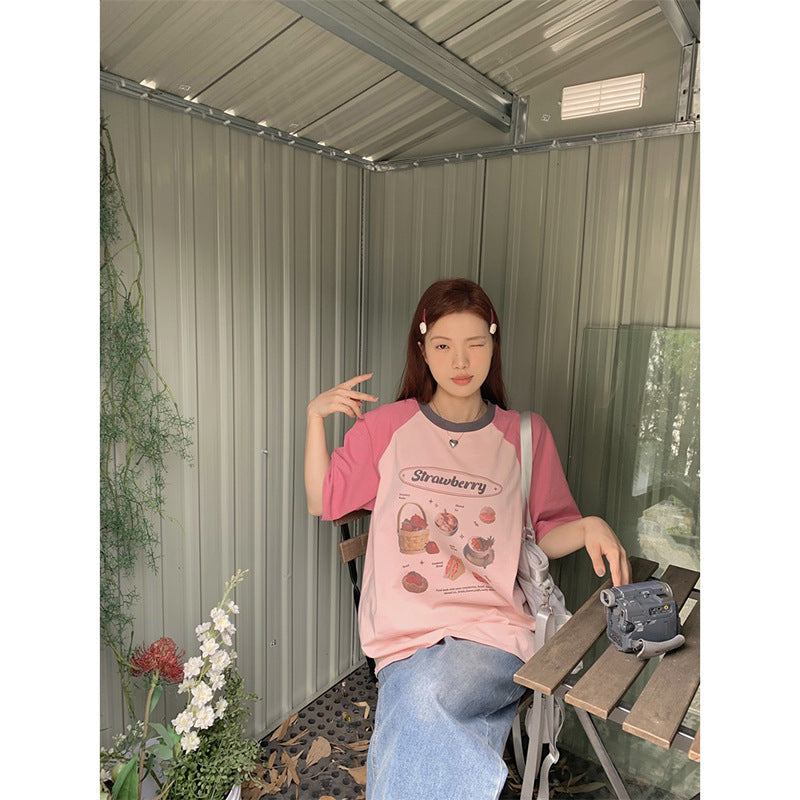 Cottage Strawberry Raglan Sleeve Oversized Tee