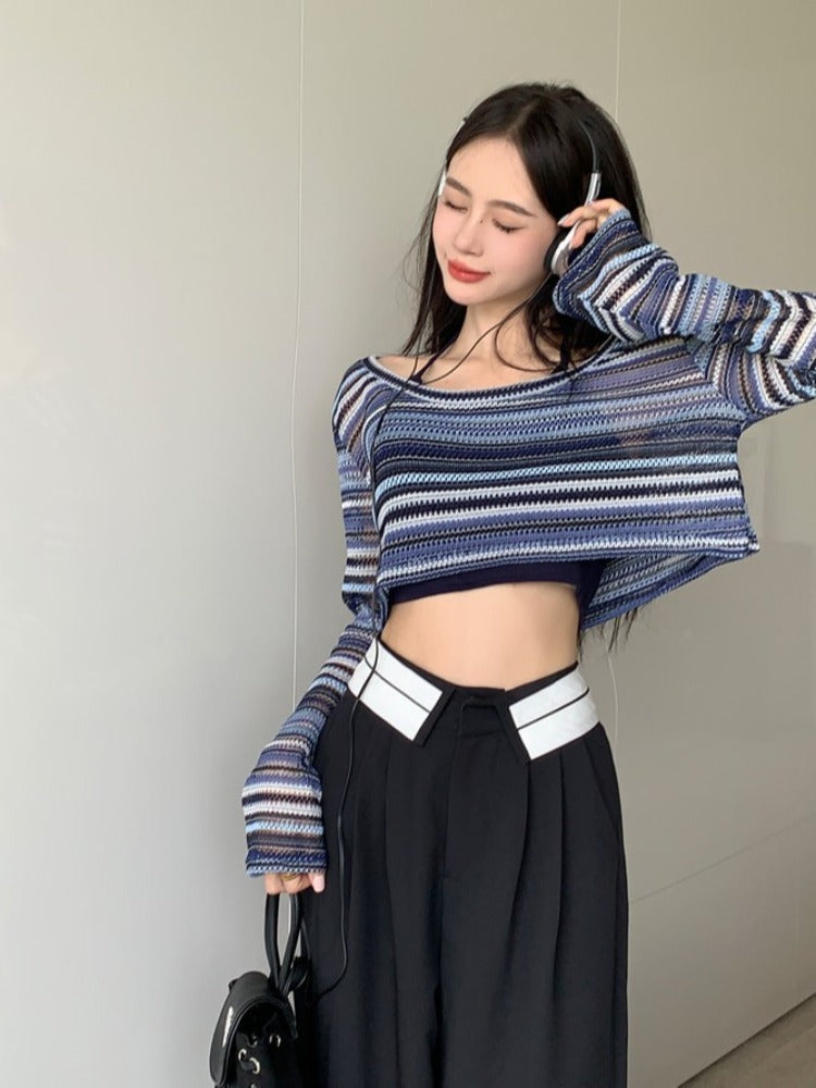 Contrast Striped Crochet Knit Crop Top