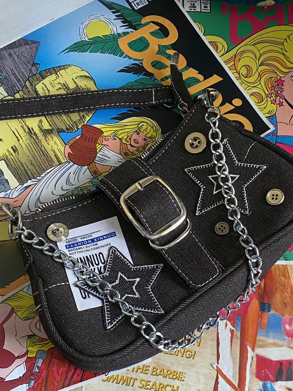 Chain Detail Star Buckled Denim Shoulder Bag