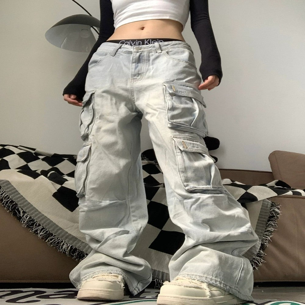 Multiple Pocket Washed Cargo Boyfriend Jeans